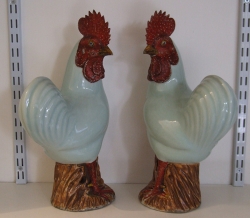 Qianlong cockerels, bases and beaks iron glazed but combs and crops cold painted, probably private trade by ship&rsquo;s captain - courtesy R&G McPherson Antiques